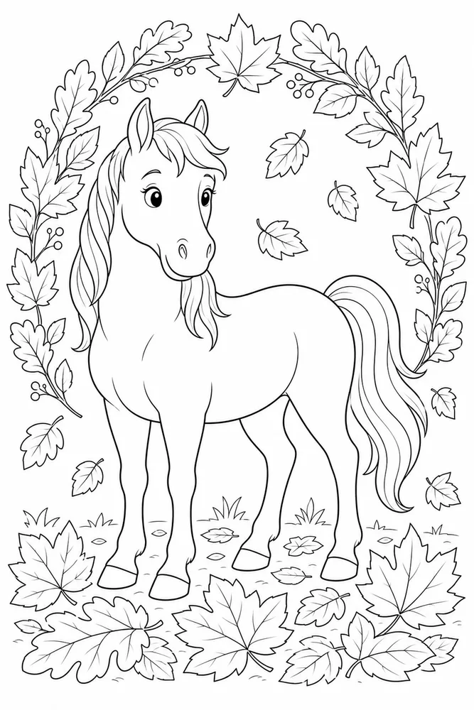 Cute Horse Cozy Leaf printable coloring page preview with clean line art.