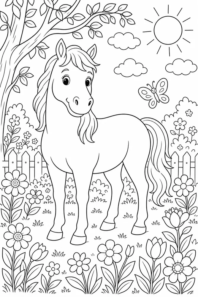 Cute Horse Happy Garden coloring page
