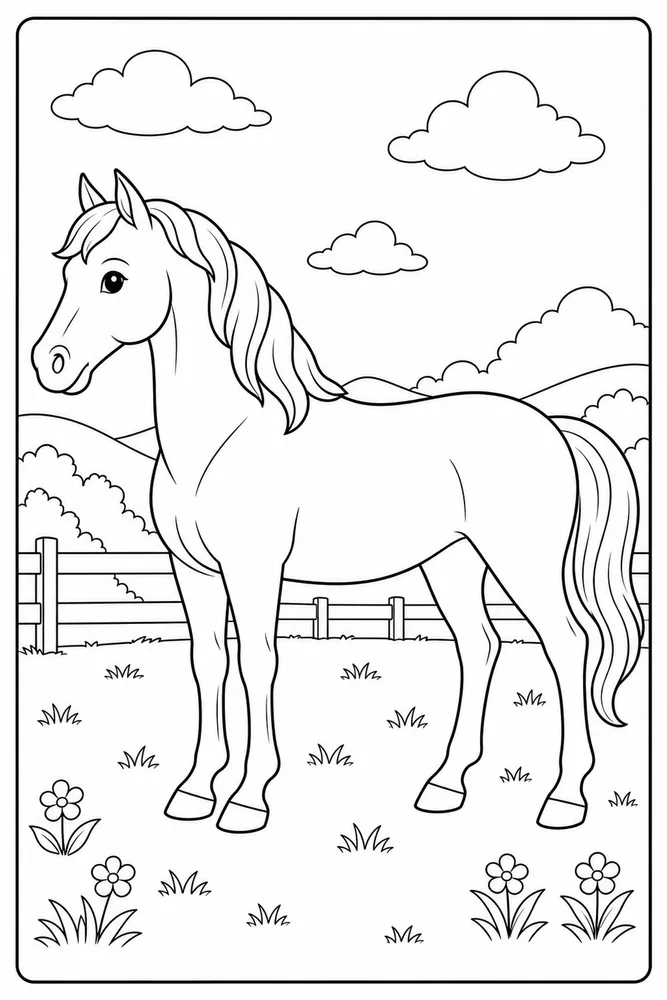 Easy Horse Side View printable coloring page preview with clean line art.