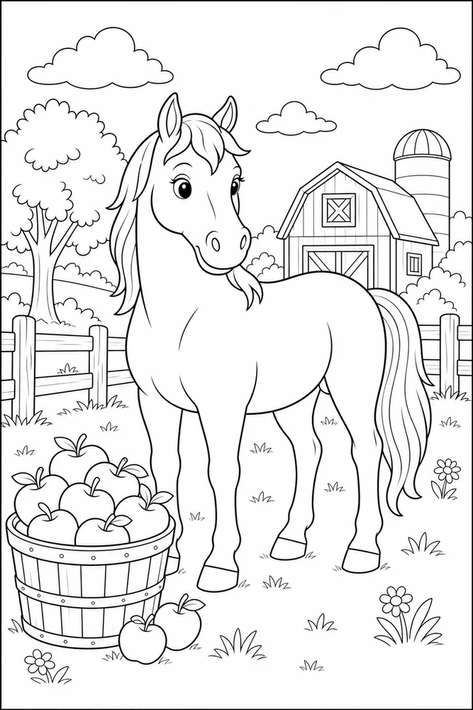 Farm Horse Apple Basket coloring page