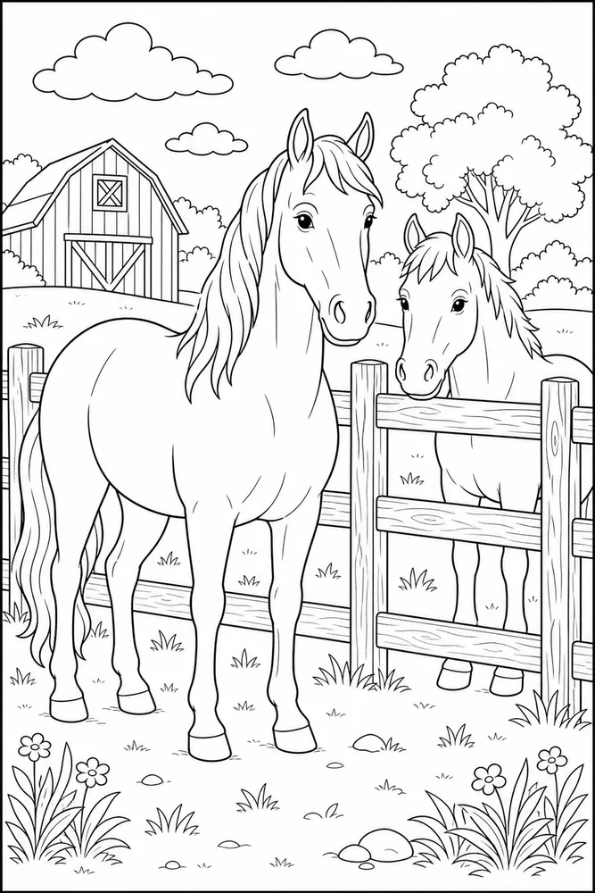 Farm Horse Fence Rail Group coloring page
