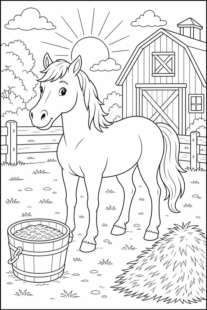 Farm Horse Morning Feed Time coloring page