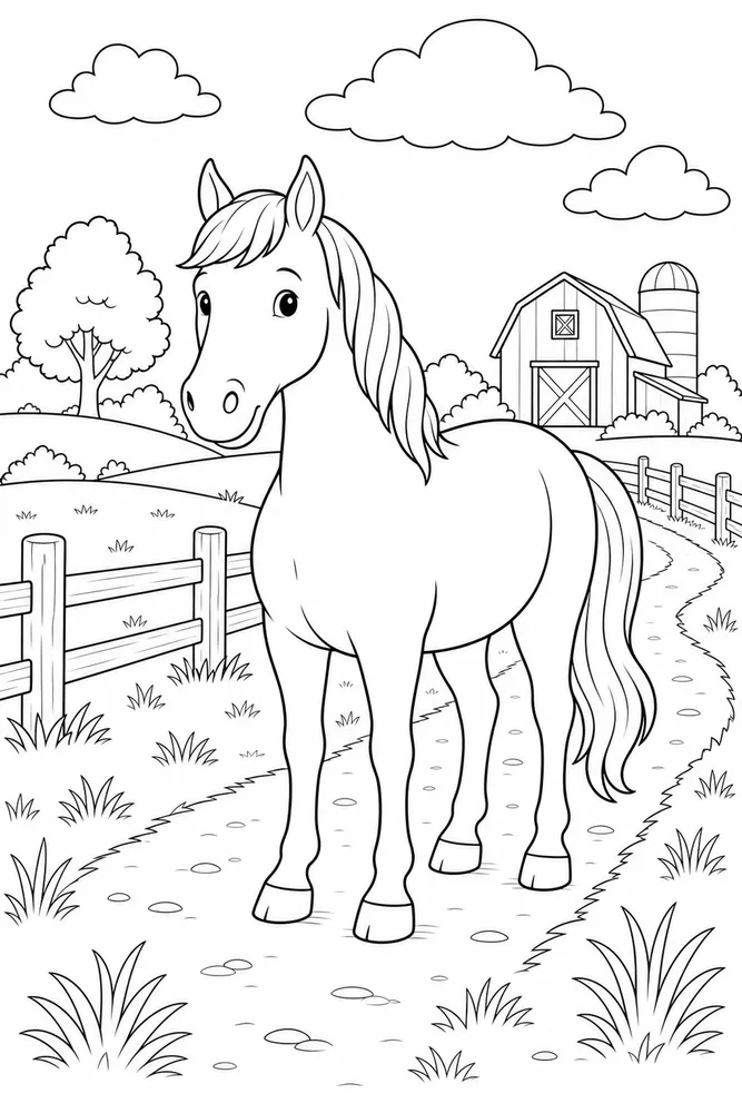 Farm Horse Pasture Path coloring page