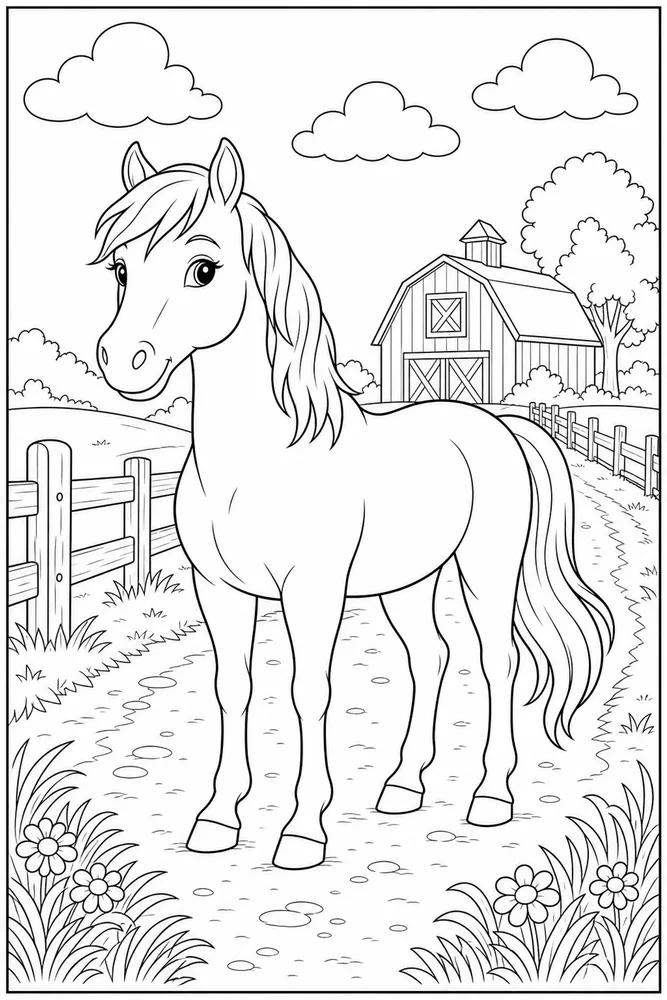 Farm Horse Tractor Lane coloring page