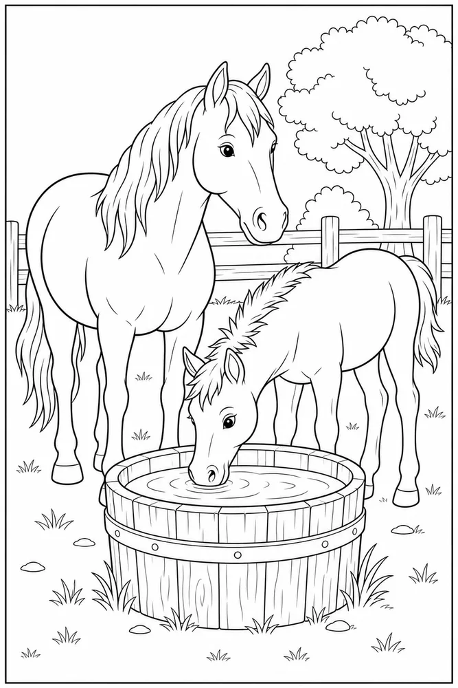 Farm Horse Watering Trough coloring page