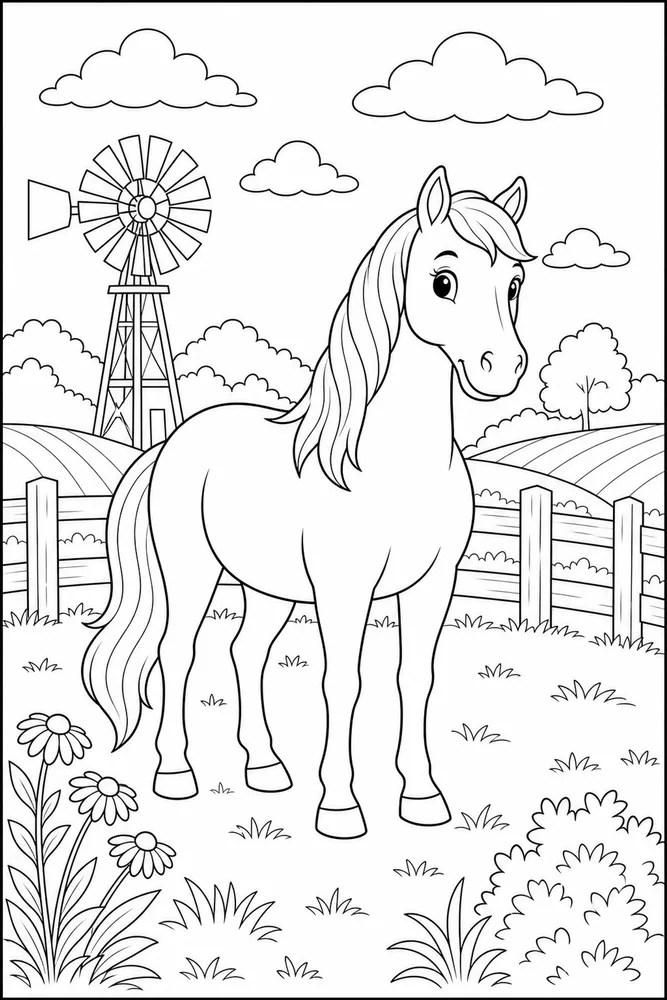 Farm Horse Windmill Field coloring page