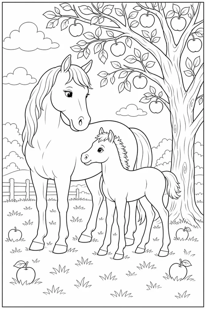Horse And Foal Apple Tree coloring page