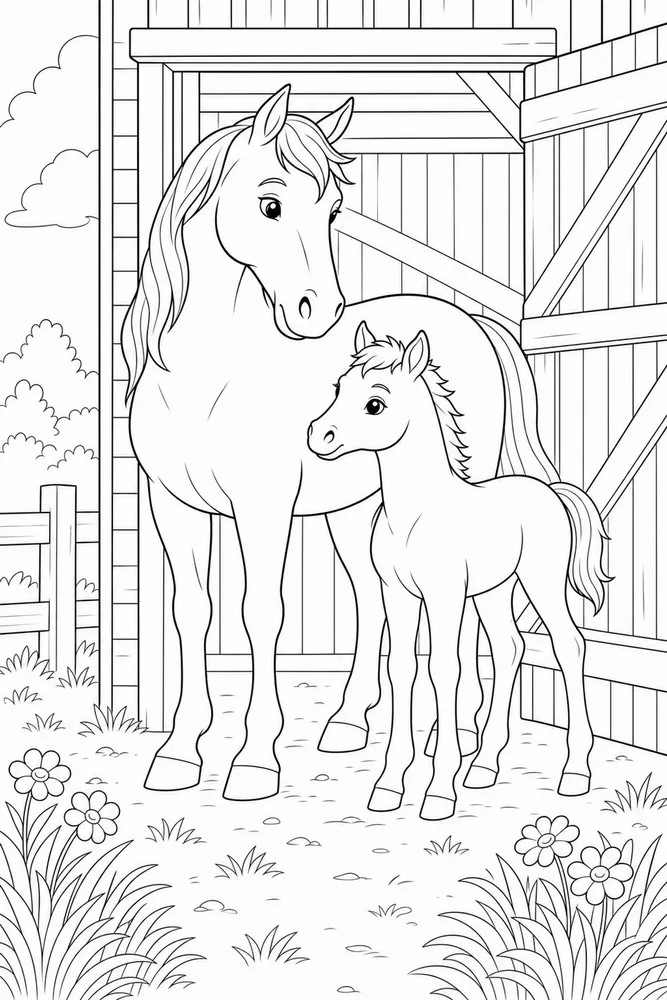 Horse And Foal Barn Doorway coloring page