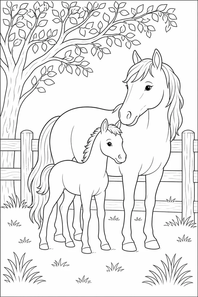 Horse And Foal Fence Shade coloring page