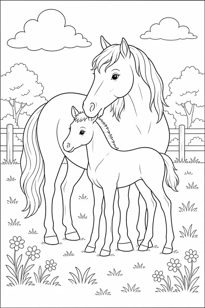 Horse And Foal Gentle Grooming coloring page