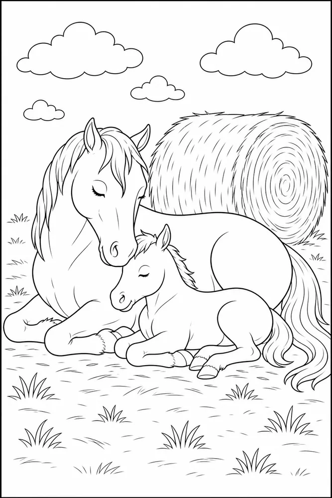 Horse And Foal Hay Bale Nap coloring page