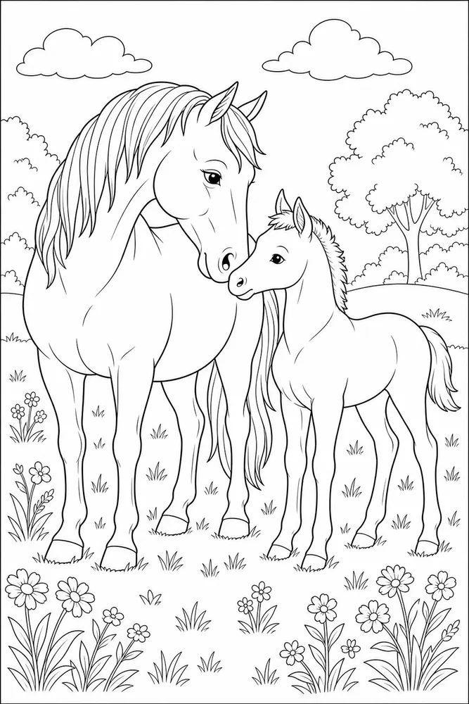 Horse And Foal Meadow Nuzzle coloring page