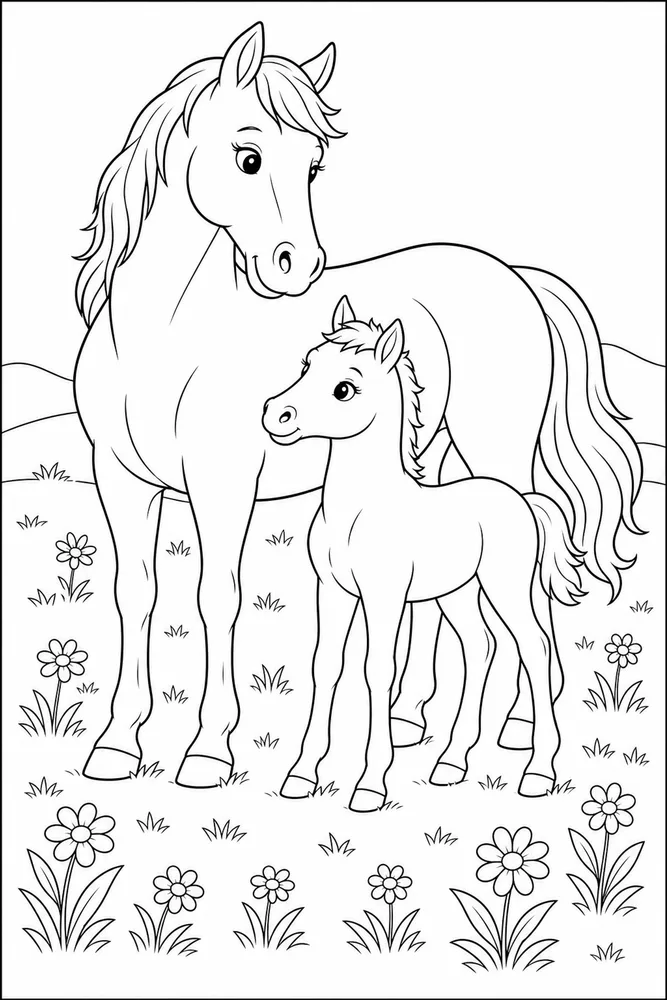 Horse And Foal Pasture Flowers coloring page