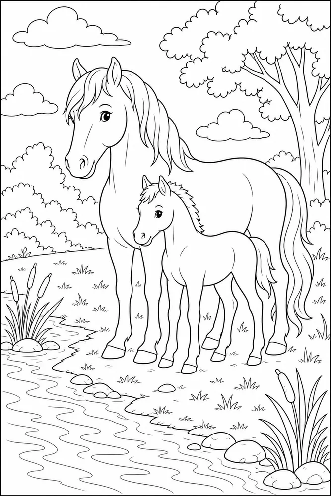 Horse And Foal River Edge coloring page