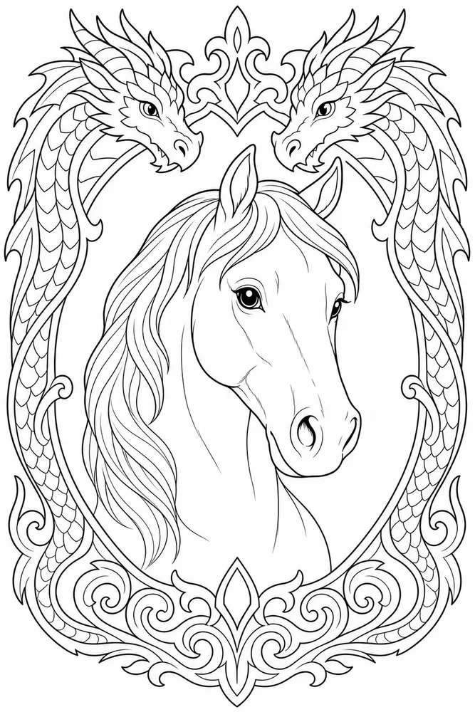 Horse Head Dragon Face Frame coloring page