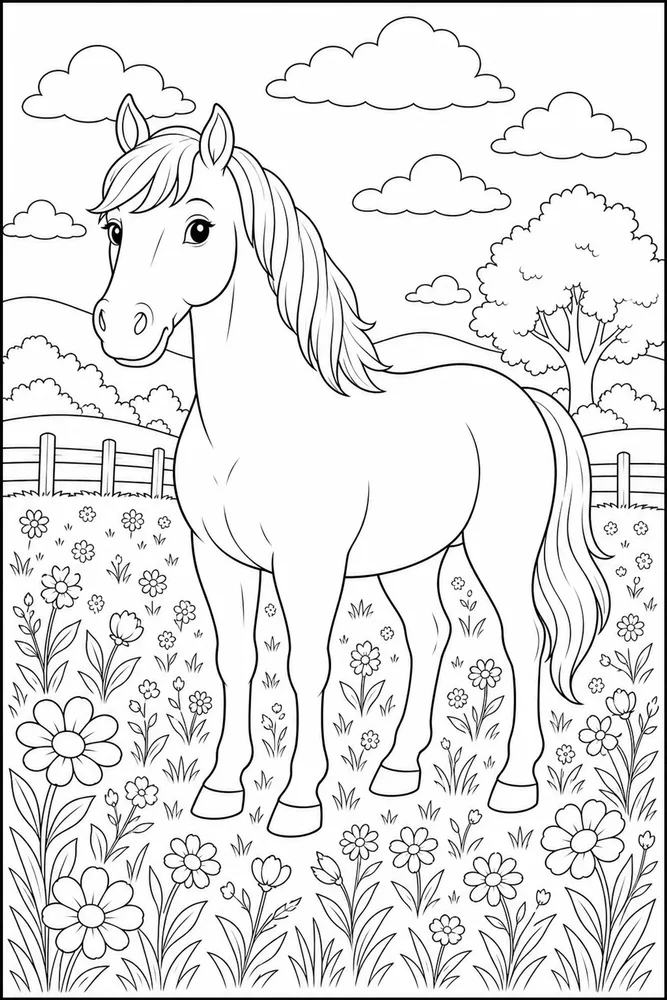 Horse Horse Field With Flowers coloring page