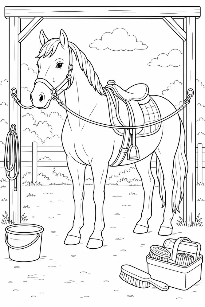 Horse With Saddle Grooming Stand coloring page