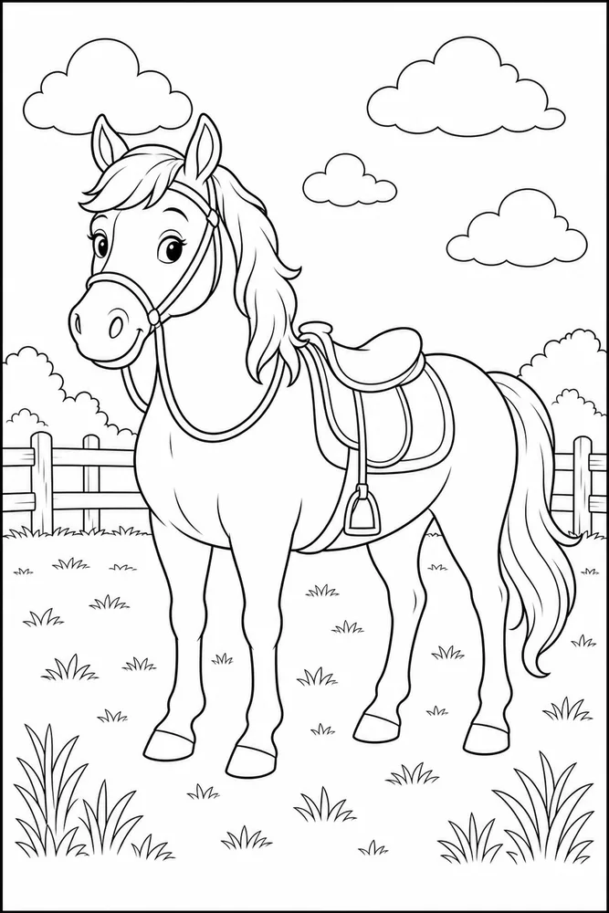 Horse With Saddle Pasture Ready coloring page