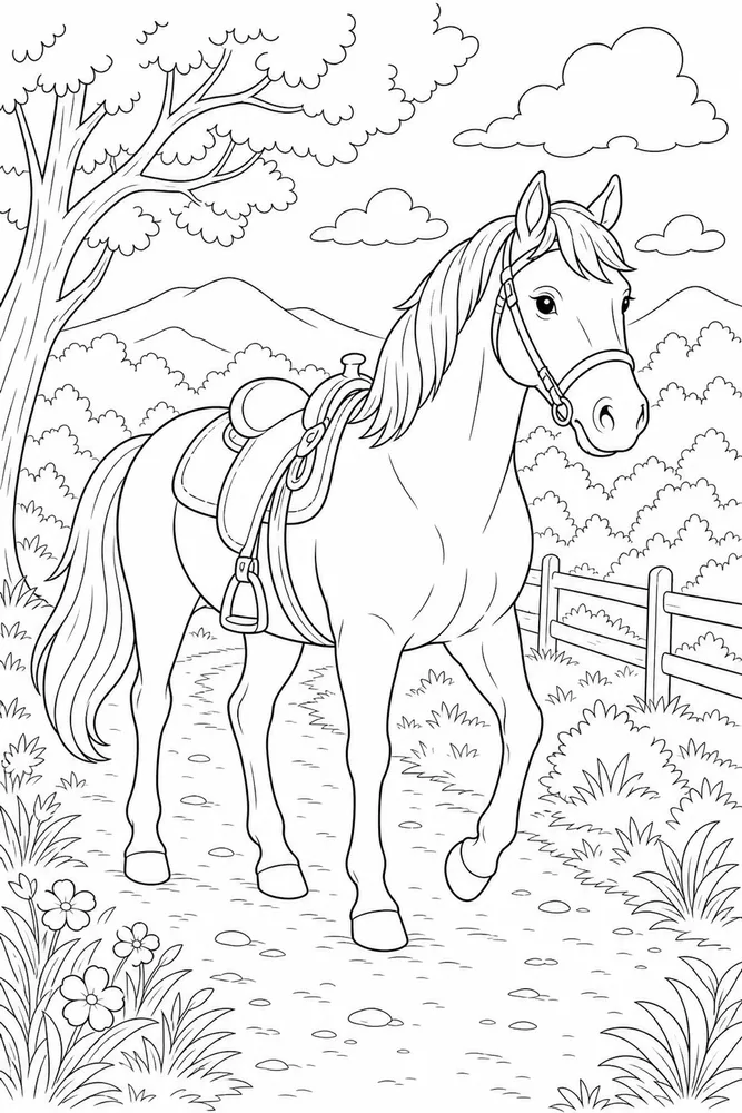 Horse With Saddle Riding Trail Without Rider Face coloring page
