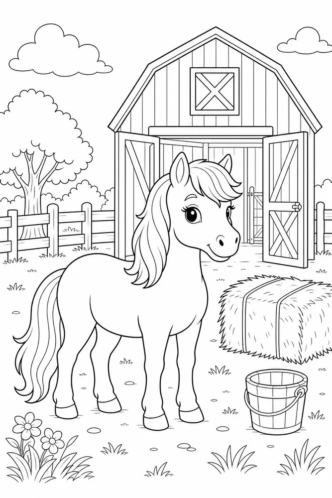 Pony Horse Pony Barn printable coloring page preview with clean line art.