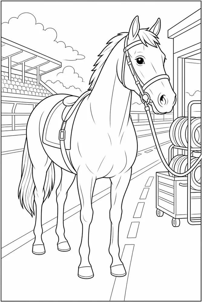 Race Horse Pit Lane printable coloring page preview with clean line art.