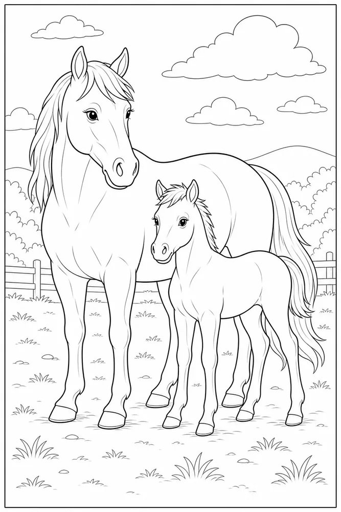 Realistic Horse Family Pair coloring page