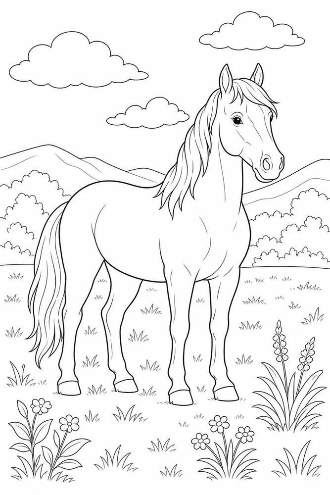 Realistic Horse Habitat Portrait coloring page