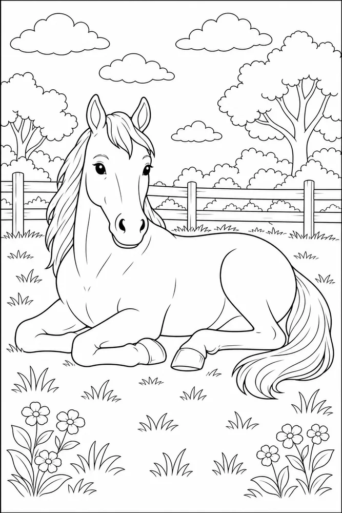Realistic Horse Resting Pose coloring page
