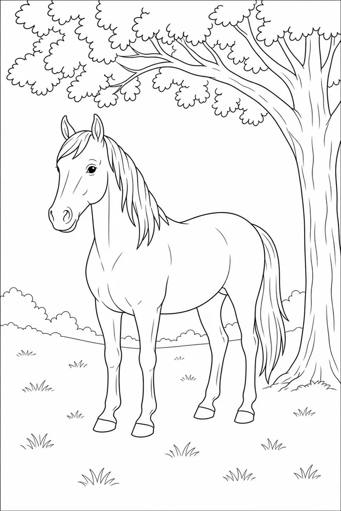 Realistic Horse Tree Shade coloring page
