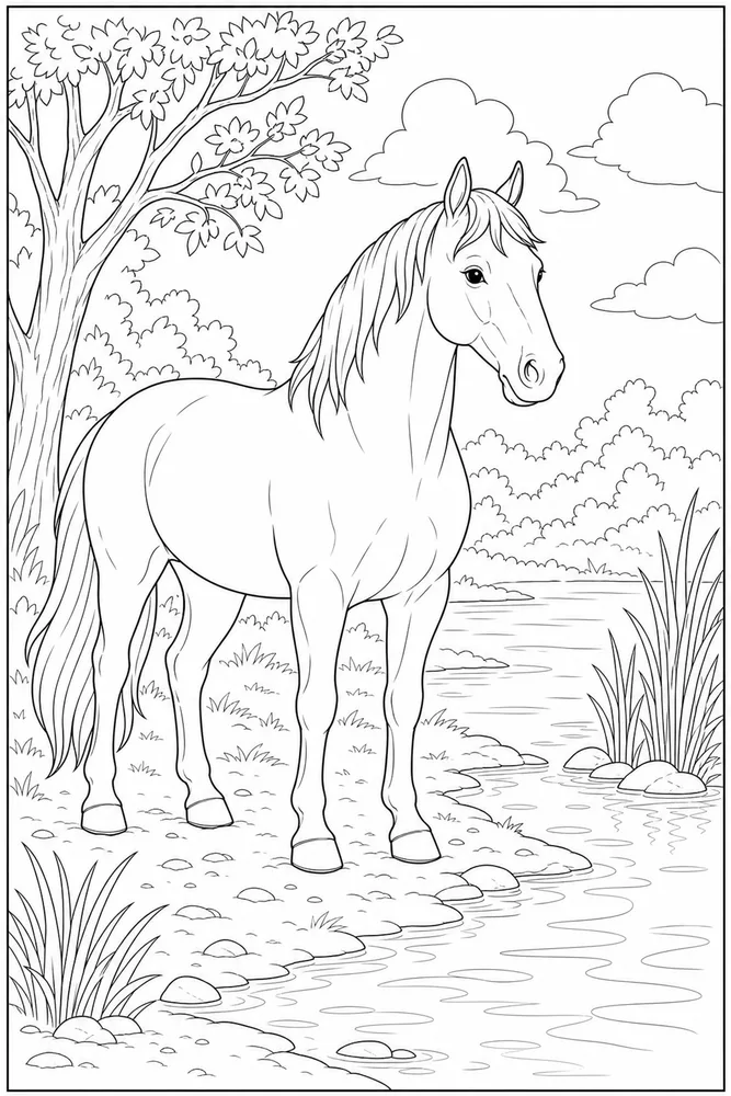 Realistic Horse Water Edge coloring page