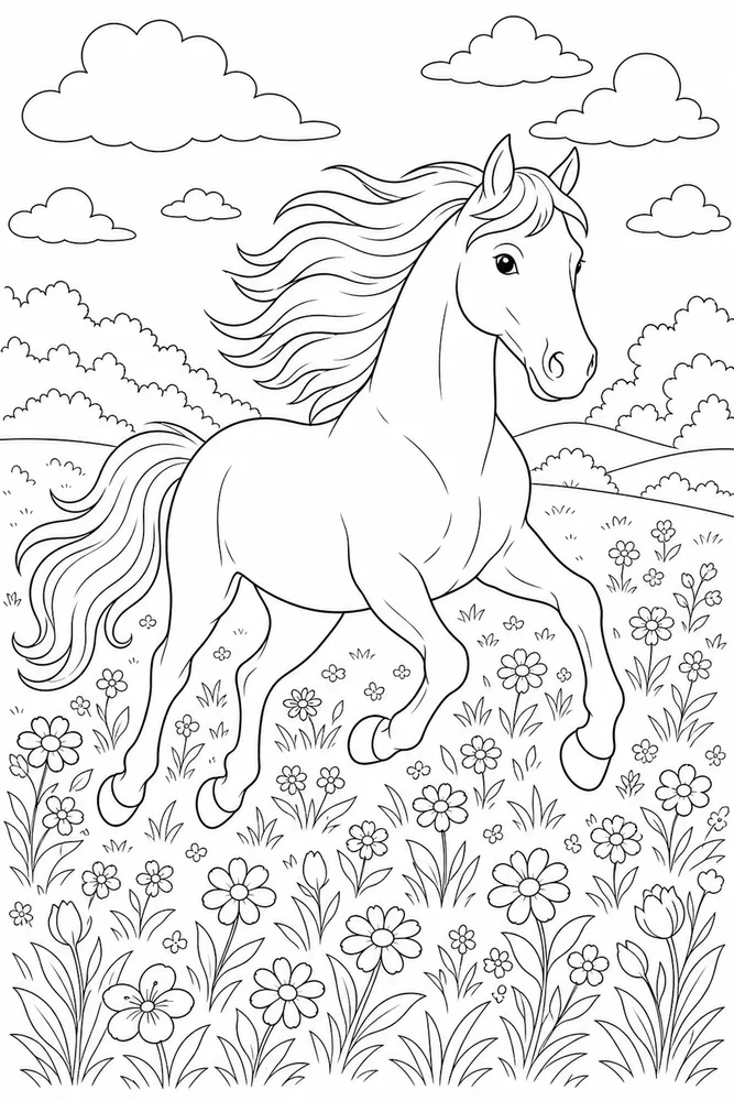 Running Horse Flower Field coloring page