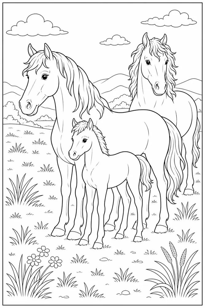 Wild Horse Family Group coloring page