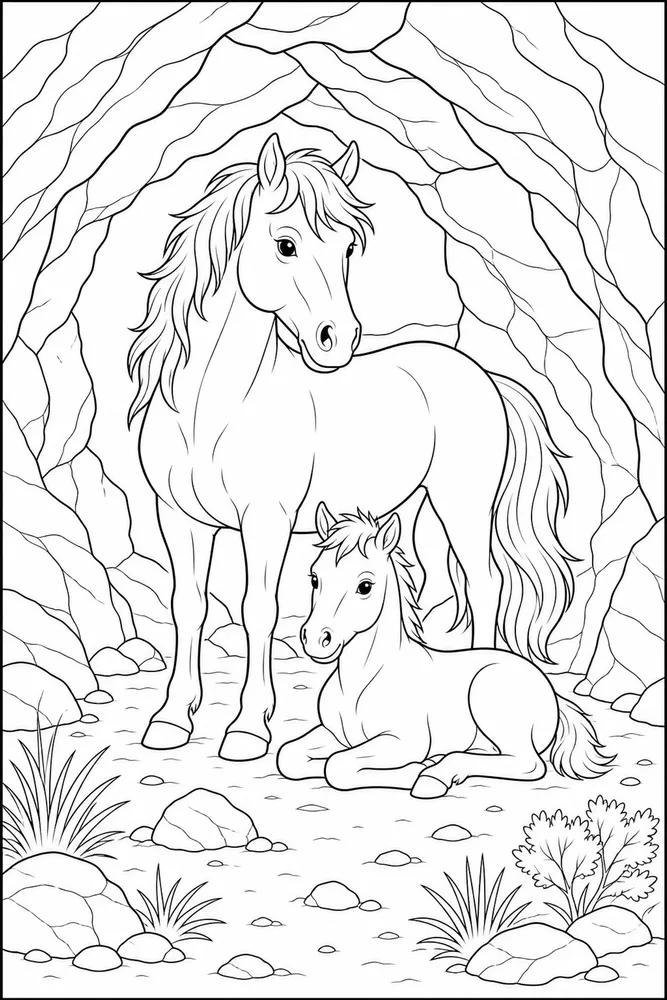 Wild Horse Rocky Den printable coloring page preview with clean line art.