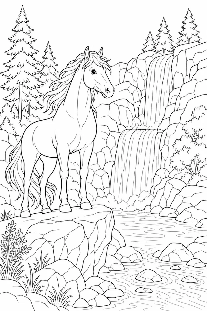 Wild Horse Waterfall View coloring page