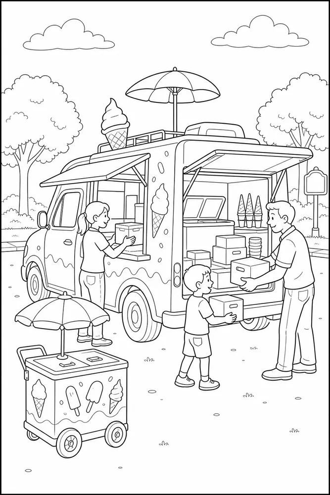 Ice Cream Truck Ice cream truck family scene coloring page