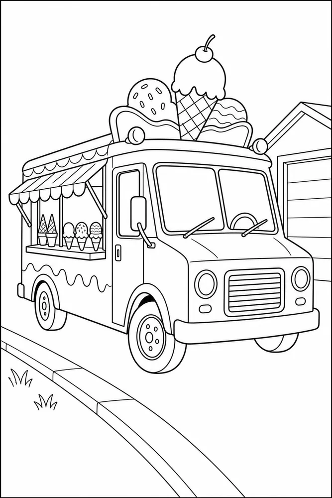 Ice Cream Truck Coloring Pages preview: Ice Cream Truck Ice cream truck front portrait coloring page