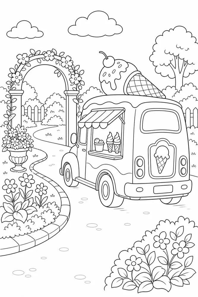 Ice Cream Truck Ice cream truck garden setting coloring page