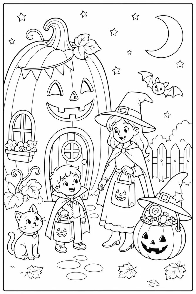 Halloween Coloring Pages for Kids Halloween coloring pages for kids family scene coloring page