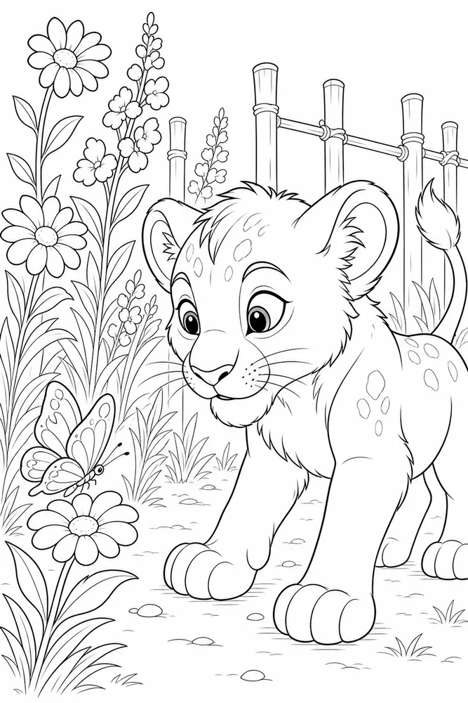 Lion Cub Lion cub garden setting coloring page