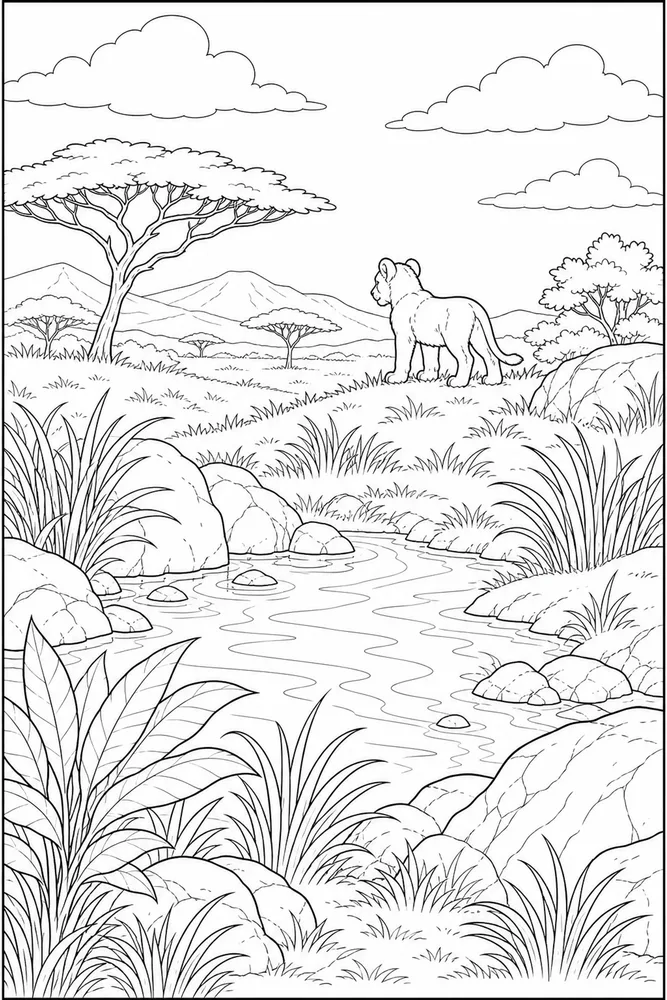 Lion Cub Lion cub habitat background coloring page