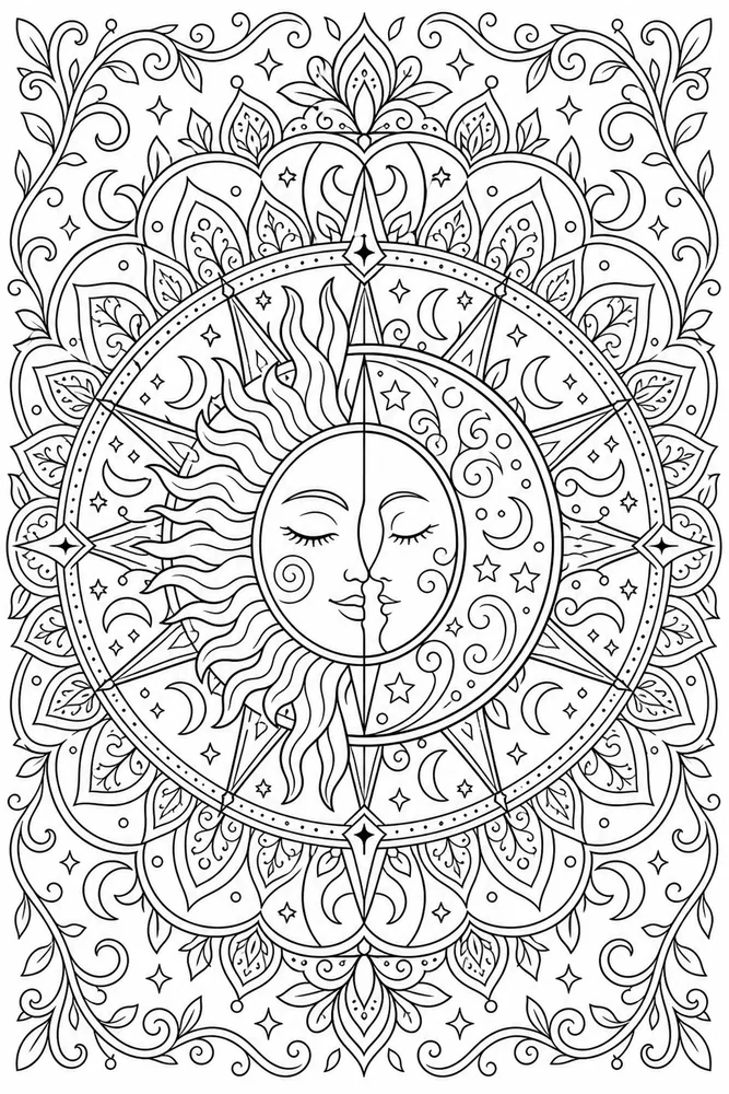 Adult Mandala Sun Moon Wheel coloring page
