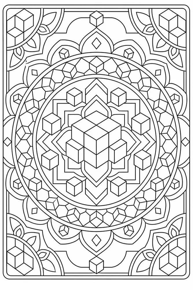 Geometric Mandala Cube Pattern coloring page