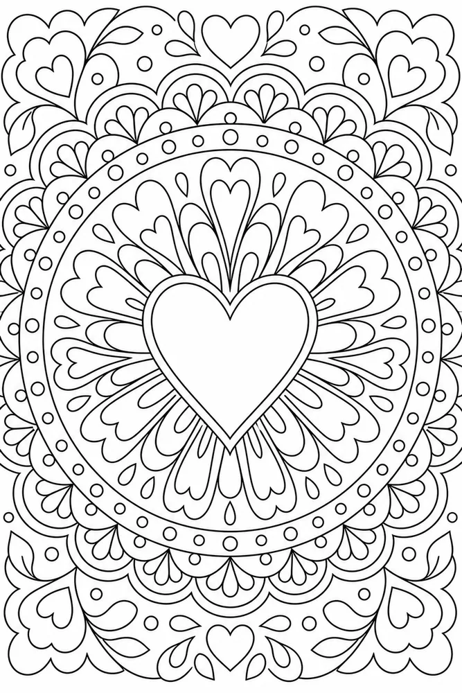Heart Mandala Heart Sunburst coloring page