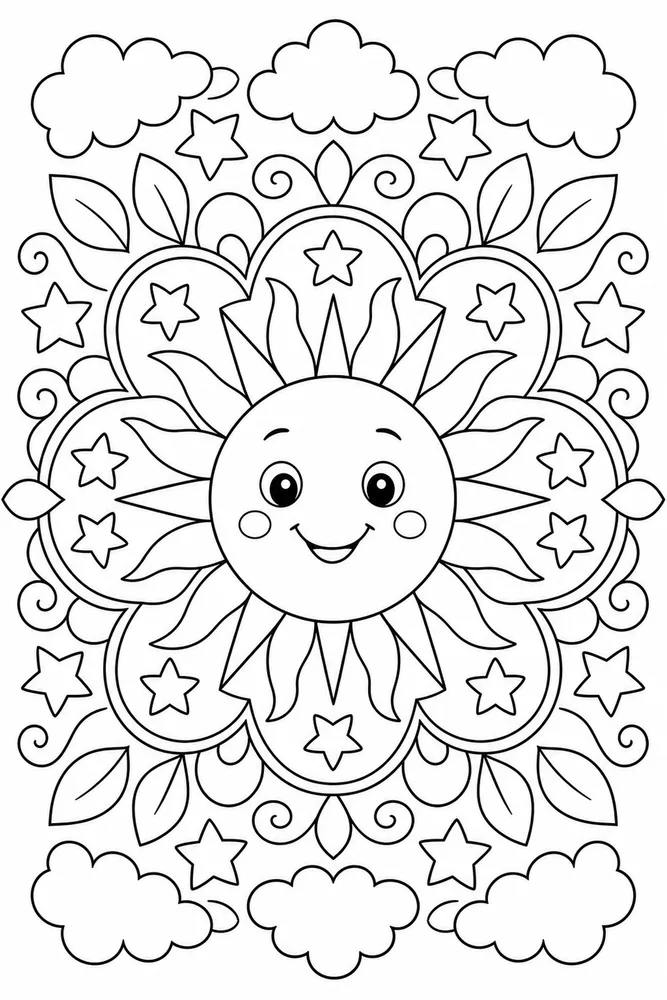 Kids Mandala Sun Face Center coloring page