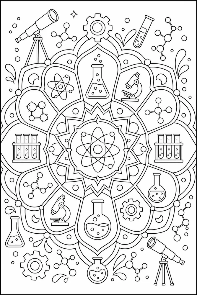 Science Mandala Coloring Pages preview: Science Mandala Science mandala front portrait coloring page