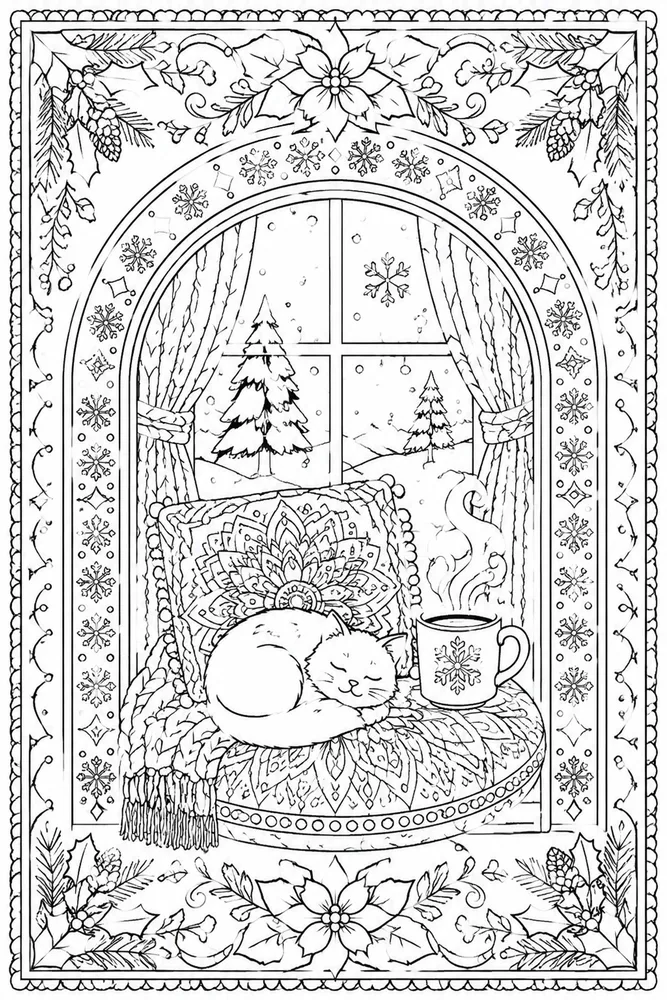 Seasonal Mandala Seasonal mandala cozy indoor moment coloring page