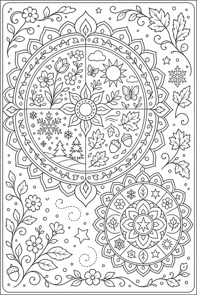 Seasonal Mandala Seasonal mandala family scene coloring page