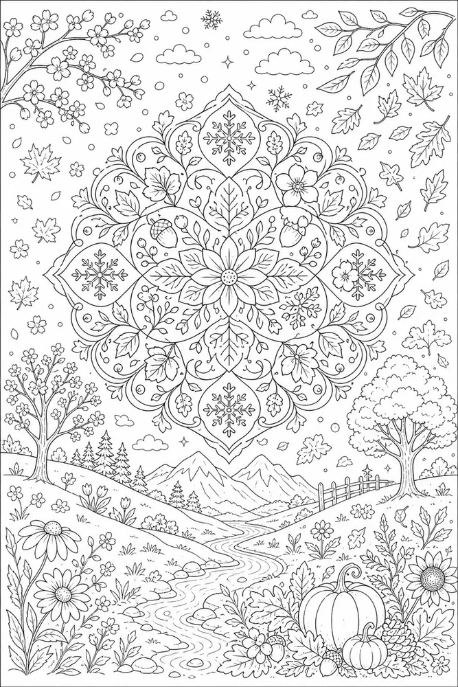 Seasonal Mandala Seasonal mandala habitat background coloring page