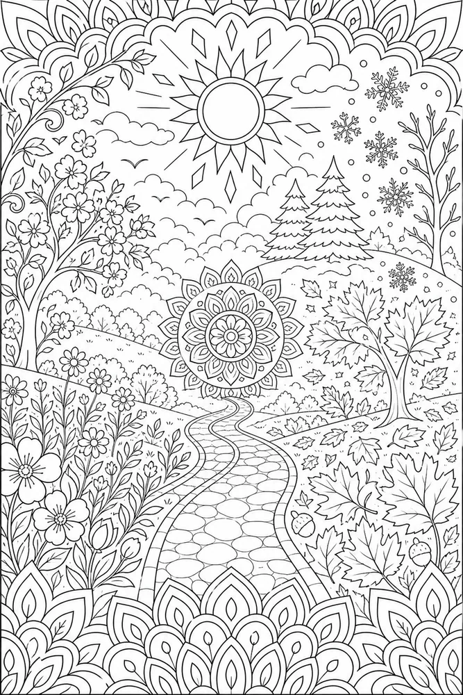 Seasonal Mandala Seasonal mandala outdoor path coloring page