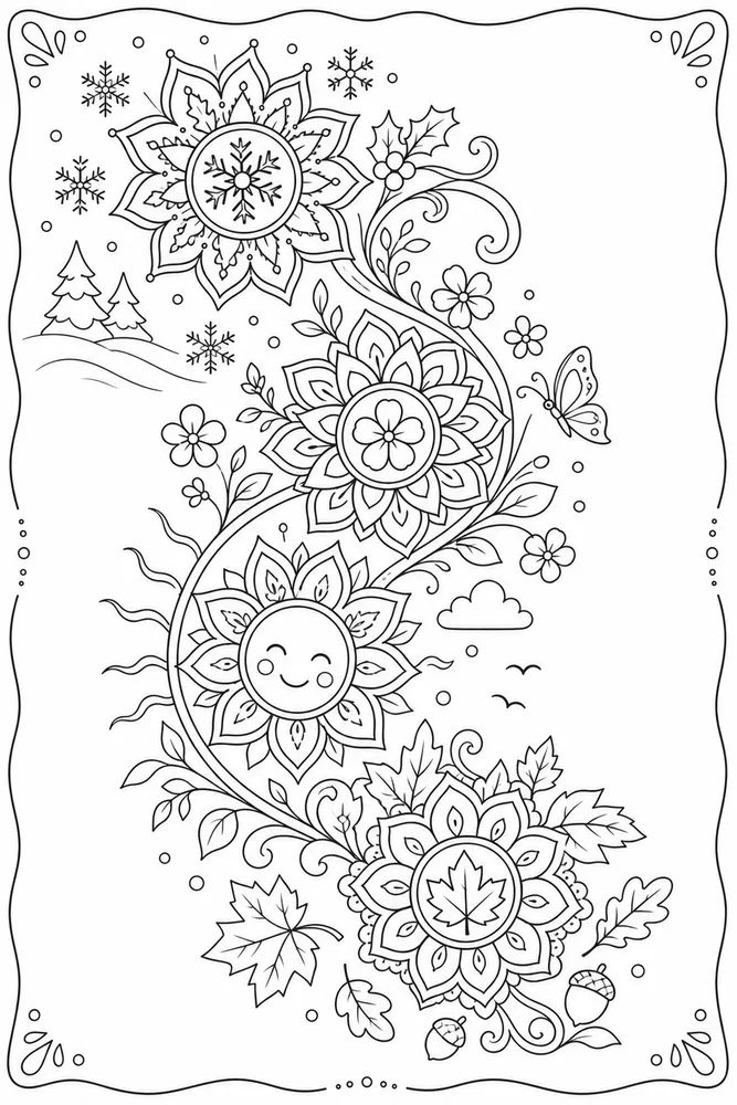 Seasonal Mandala Seasonal mandala playful pose coloring page